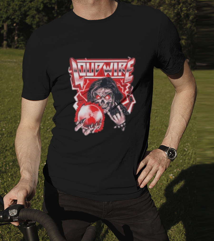 Loudwire 80s Metal Skull And Lightning Sphere Rock Hand T-Shirt