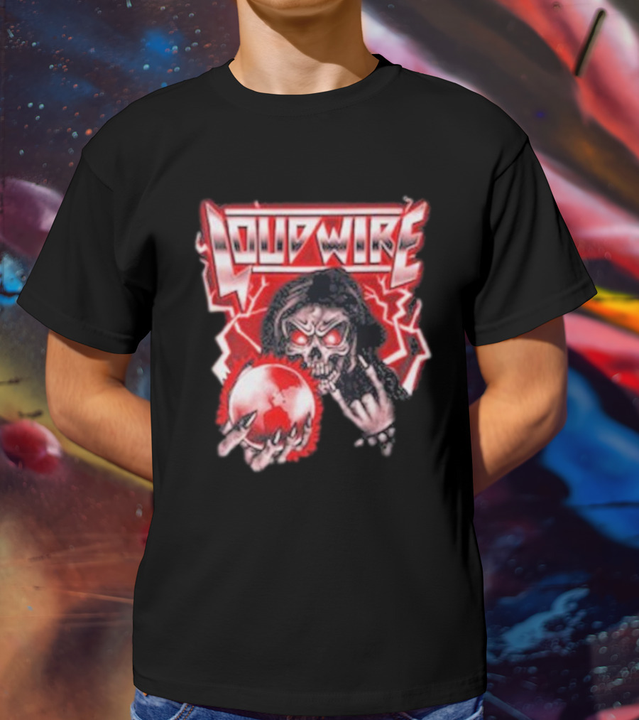 Loudwire 80s Metal Skull And Lightning Sphere Rock Hand T-Shirt