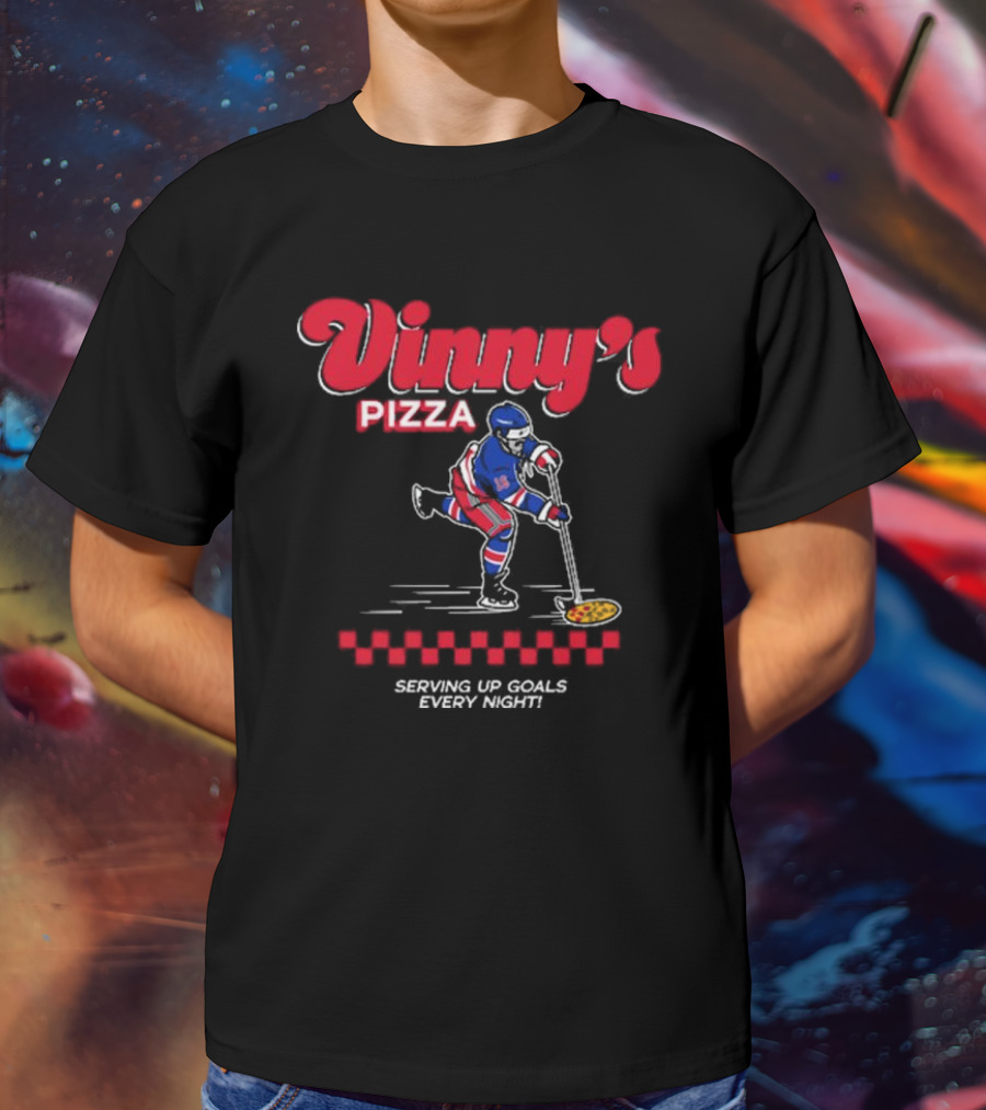 Vinny's Pizza Serving Up Goals Every Night Hockey Player With Pizza Stick T-Shirt