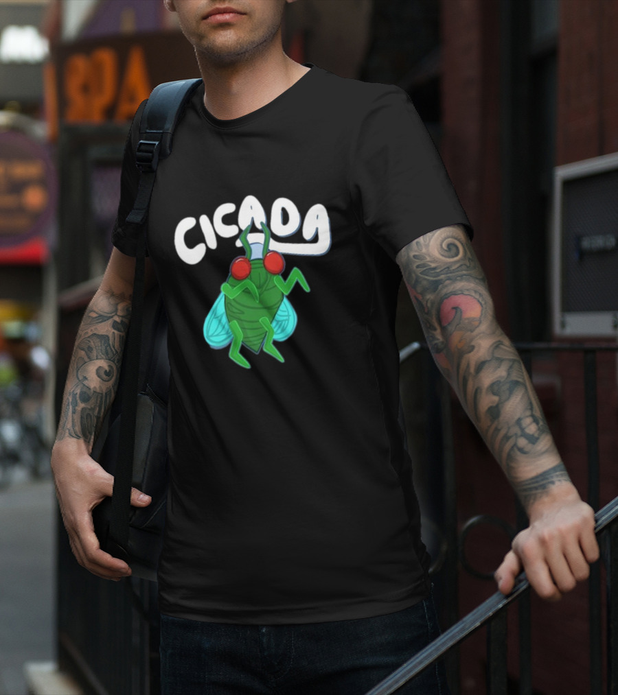 Cicada Cartoon Bug With Green Body And Red Eyes T-Shirt