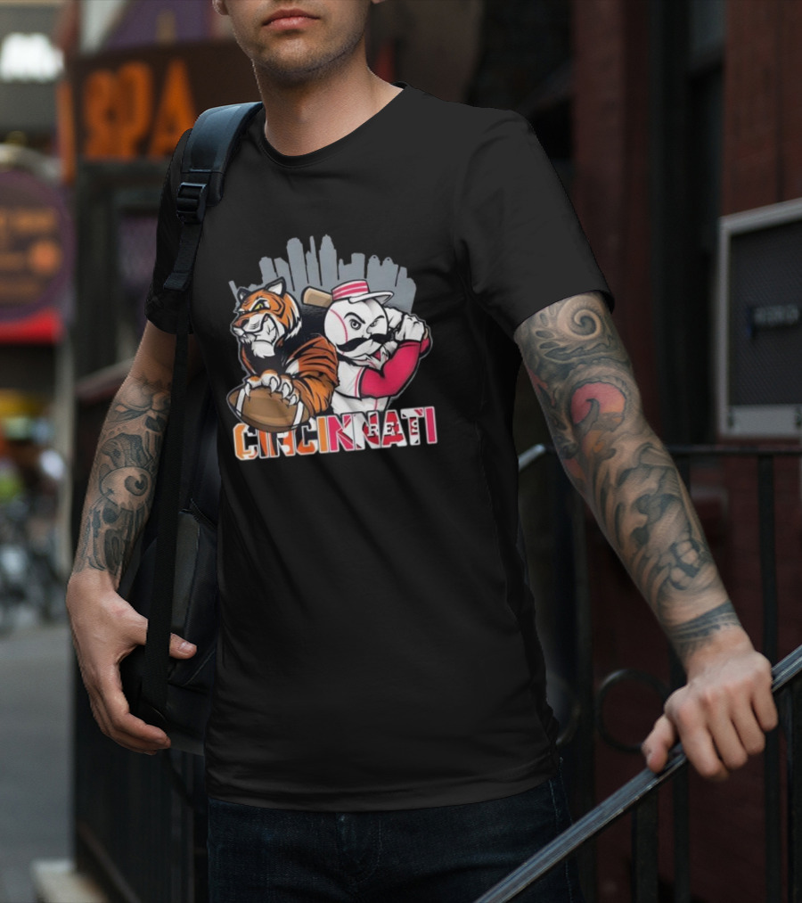 Cincinnati Bengals Tiger With Football And Mr. Redlegs Baseball Skyline T-Shirt