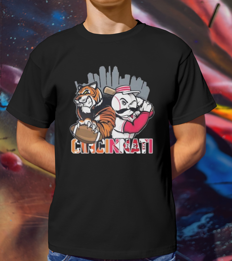 Cincinnati Bengals Tiger With Football And Mr. Redlegs Baseball Skyline T-Shirt