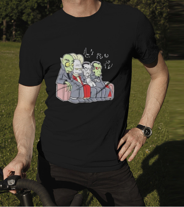 Various Versions Of Dracula Characters Sitting Together On A Couch T-Shirt