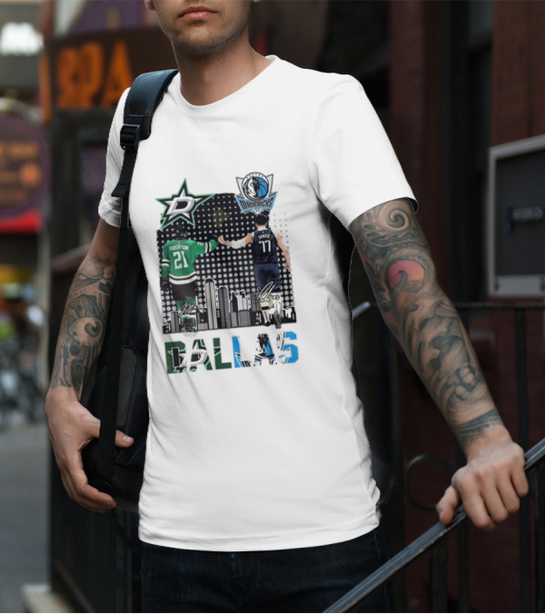 Dallas Stars Mavericks Robertson Doncic Skyline Signatures T-Shirt