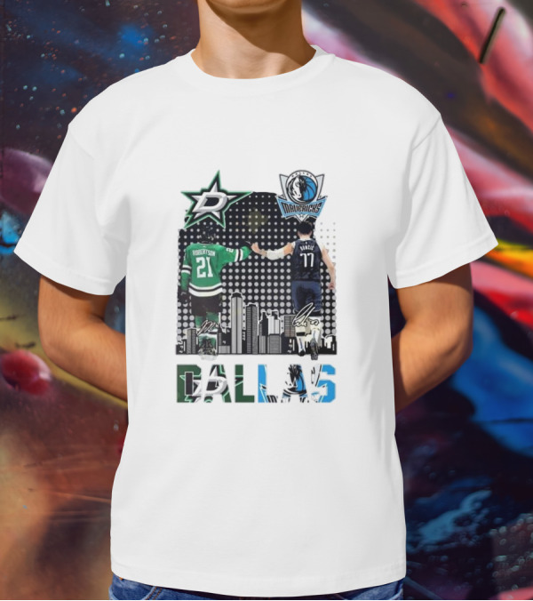 Dallas Stars Mavericks Robertson Doncic Skyline Signatures T-Shirt