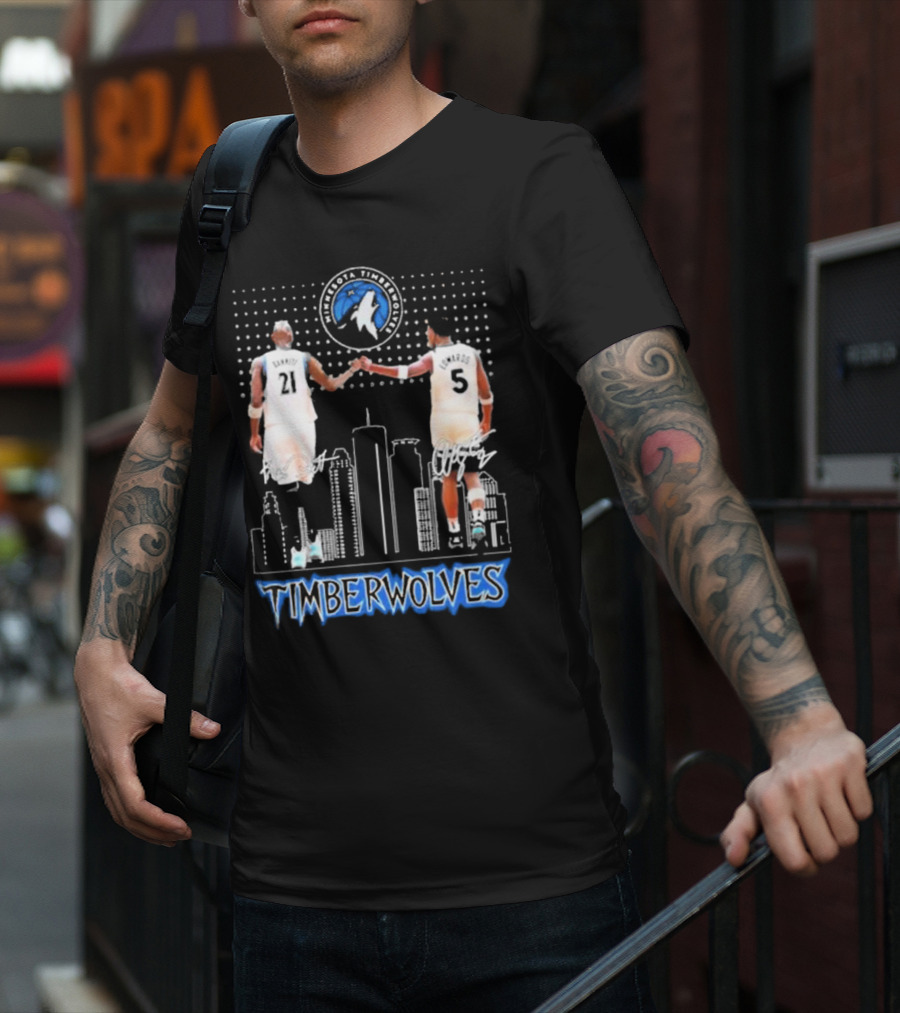 Minnesota Timberwolves Kevin Garnett Anthony Edwards Signatures City Skyline T-Shirt