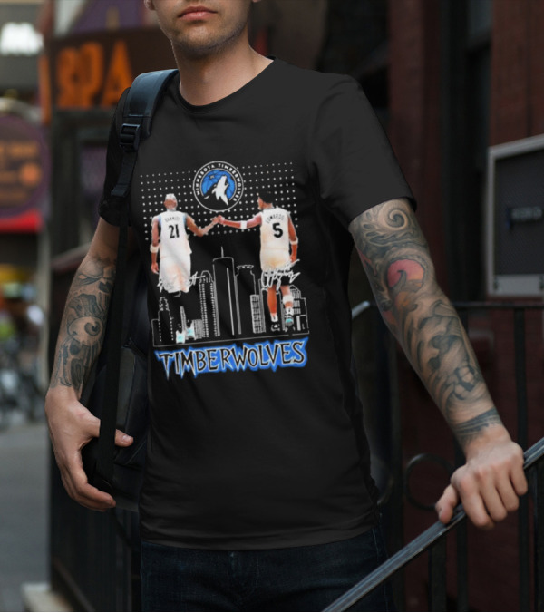 Minnesota Timberwolves Kevin Garnett Anthony Edwards Signatures City Skyline T-Shirt