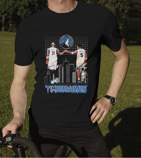 Minnesota Timberwolves Kevin Garnett Anthony Edwards Signatures City Skyline T-Shirt