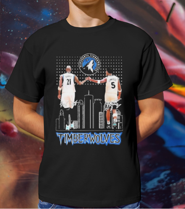 Minnesota Timberwolves Kevin Garnett Anthony Edwards Signatures City Skyline T-Shirt