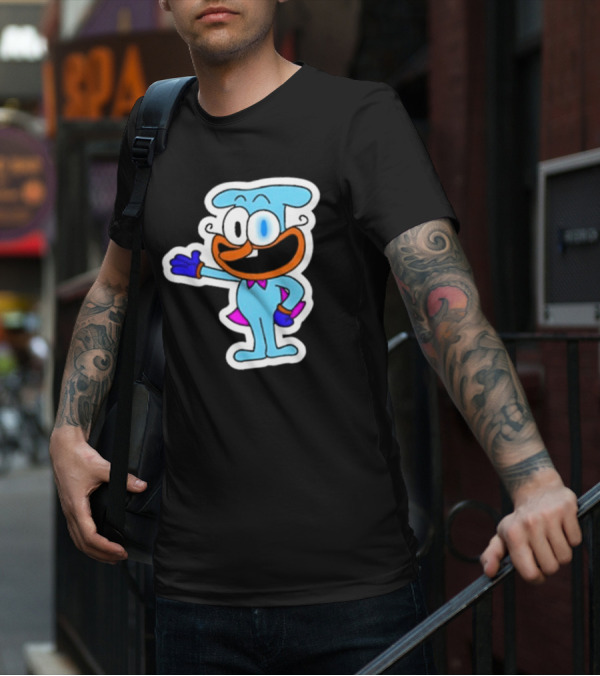 Robby1iscool The Doise Blue Cartoon Character With Orange Mouth And Purple Cape T-Shirt