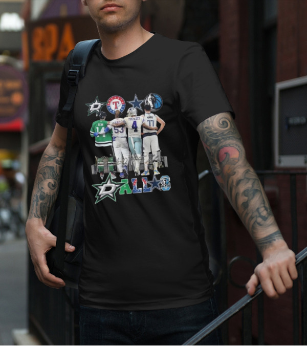 Dallas Stars Texas Rangers Cowboys Mavericks Benn Prescott Ware Doncic Signatures T-Shirt