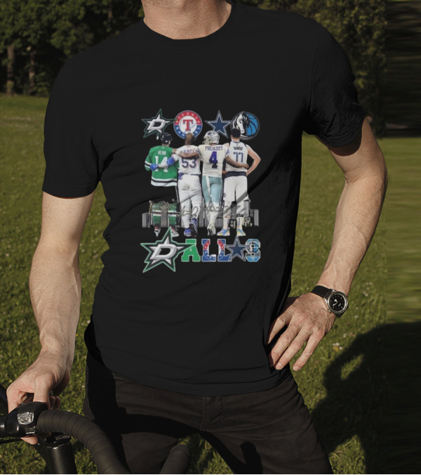 Dallas Stars Texas Rangers Cowboys Mavericks Benn Prescott Ware Doncic Signatures T-Shirt