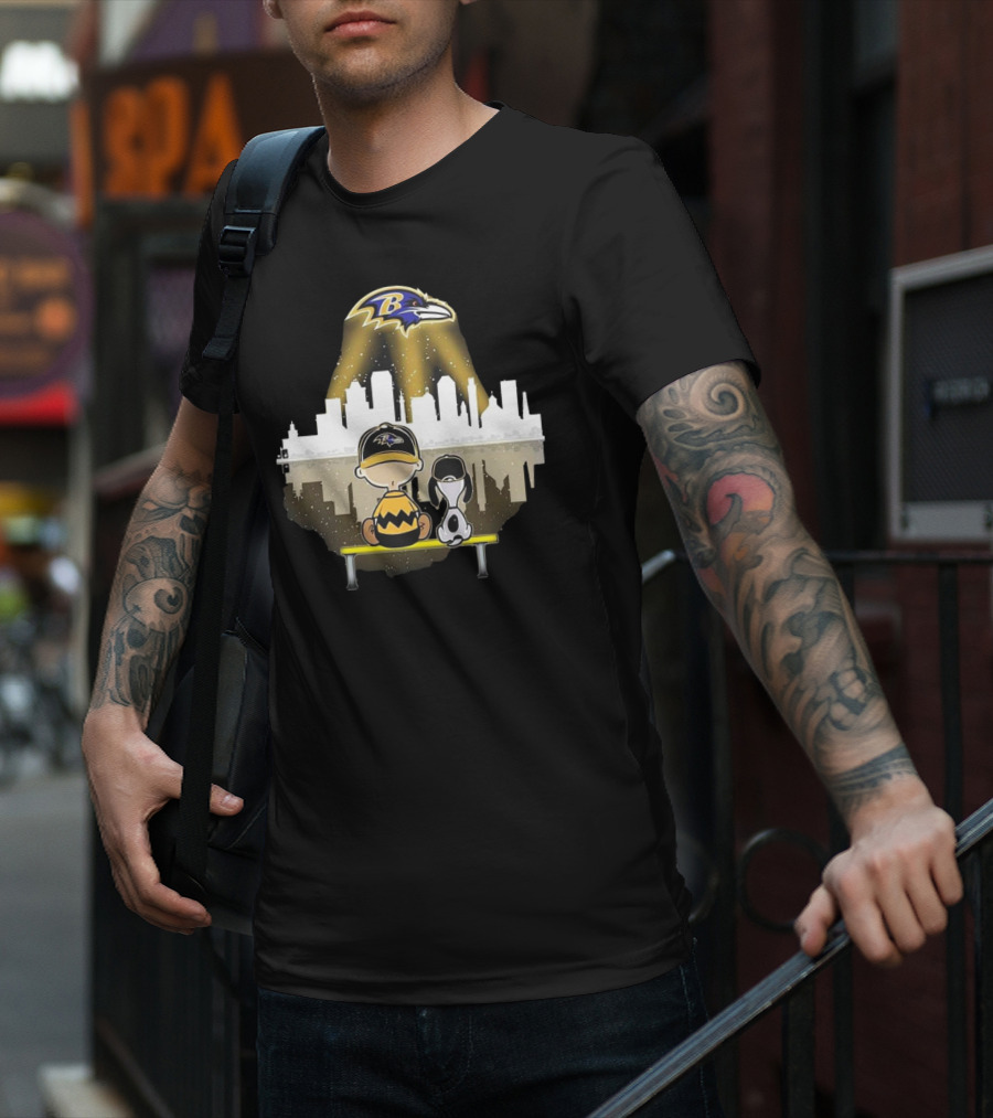 Charlie Brown Snoopy Baltimore Ravens City Skyline T-Shirt