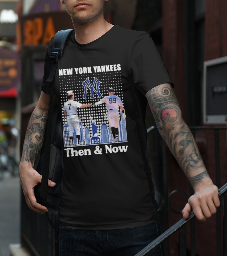 New York Yankees Then And Now Mickey Mantle 7 Aaron Judge 99 Signatures T-Shirt