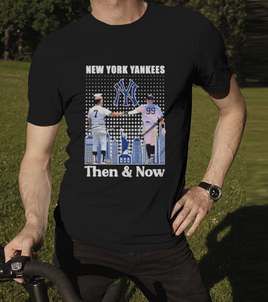 New York Yankees Then And Now Mickey Mantle 7 Aaron Judge 99 Signatures T-Shirt