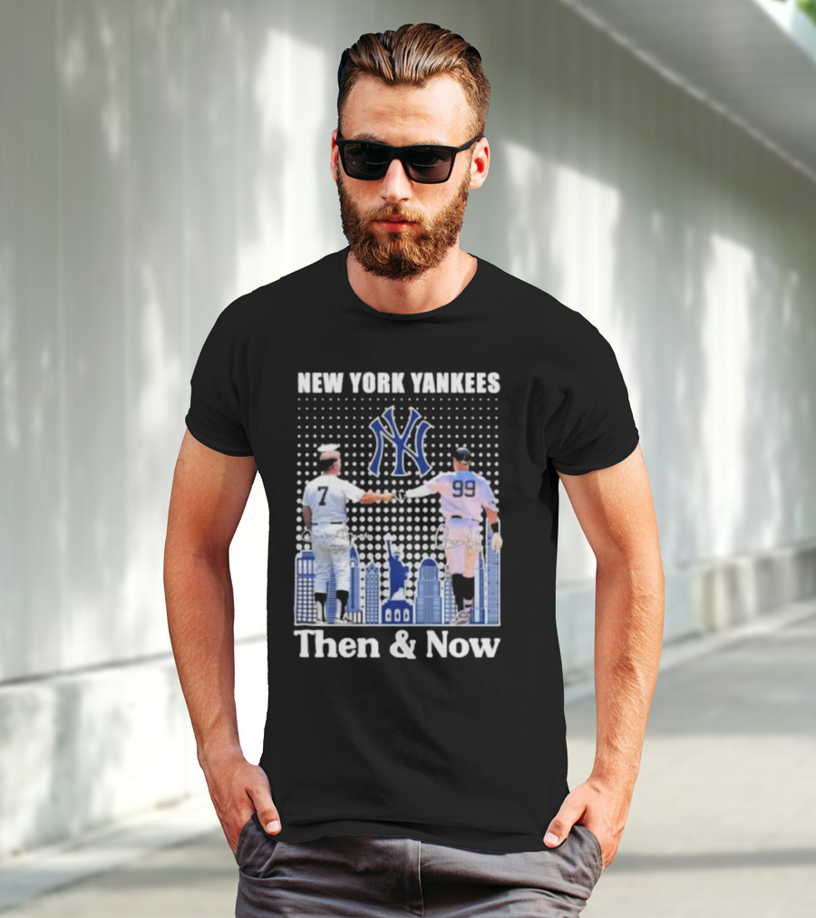 New York Yankees Then And Now Mickey Mantle 7 Aaron Judge 99 Signatures T-Shirt