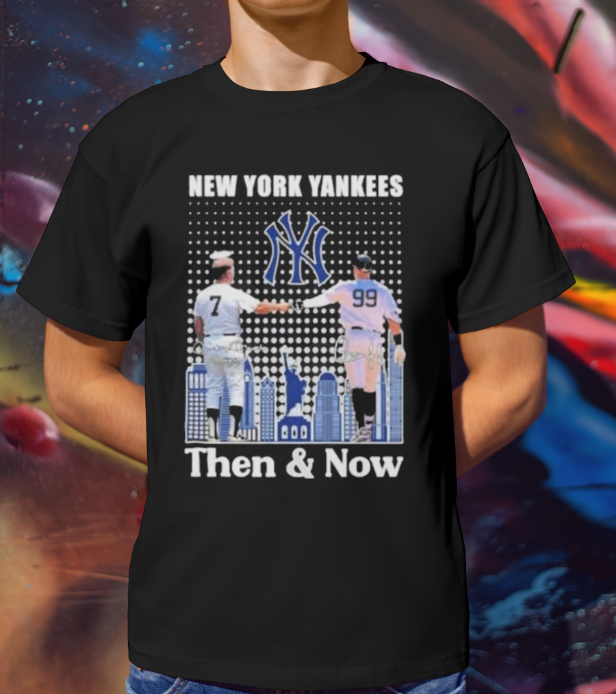 New York Yankees Then And Now Mickey Mantle 7 Aaron Judge 99 Signatures T-Shirt