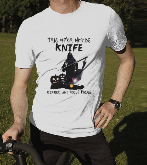 This Witch Needs Knife Before Any Hocus Pocus Halloween Pumpkins Dark Scene T-Shirt