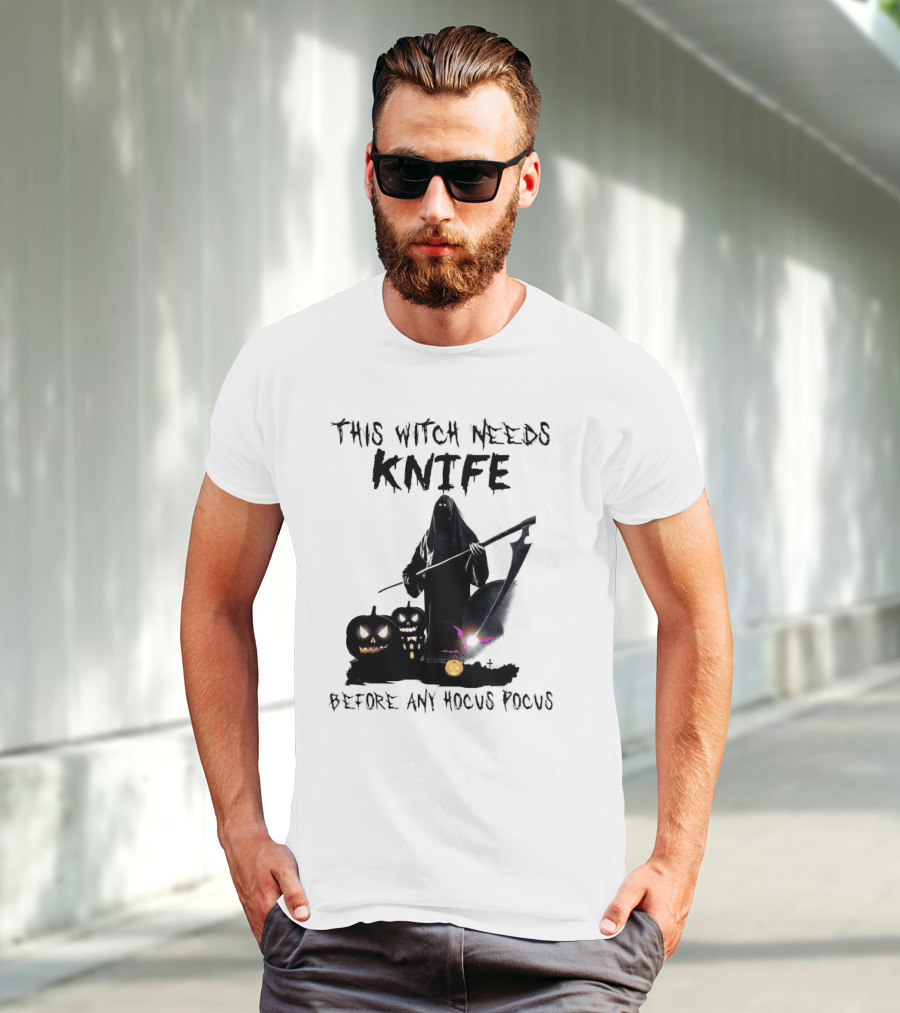 This Witch Needs Knife Before Any Hocus Pocus Halloween Pumpkins Dark Scene T-Shirt