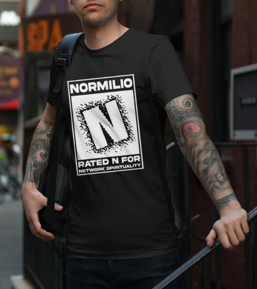 Normilio Rated N For Network Spirituality Bold Text Box With Speckled Explosion Background T-Shirt