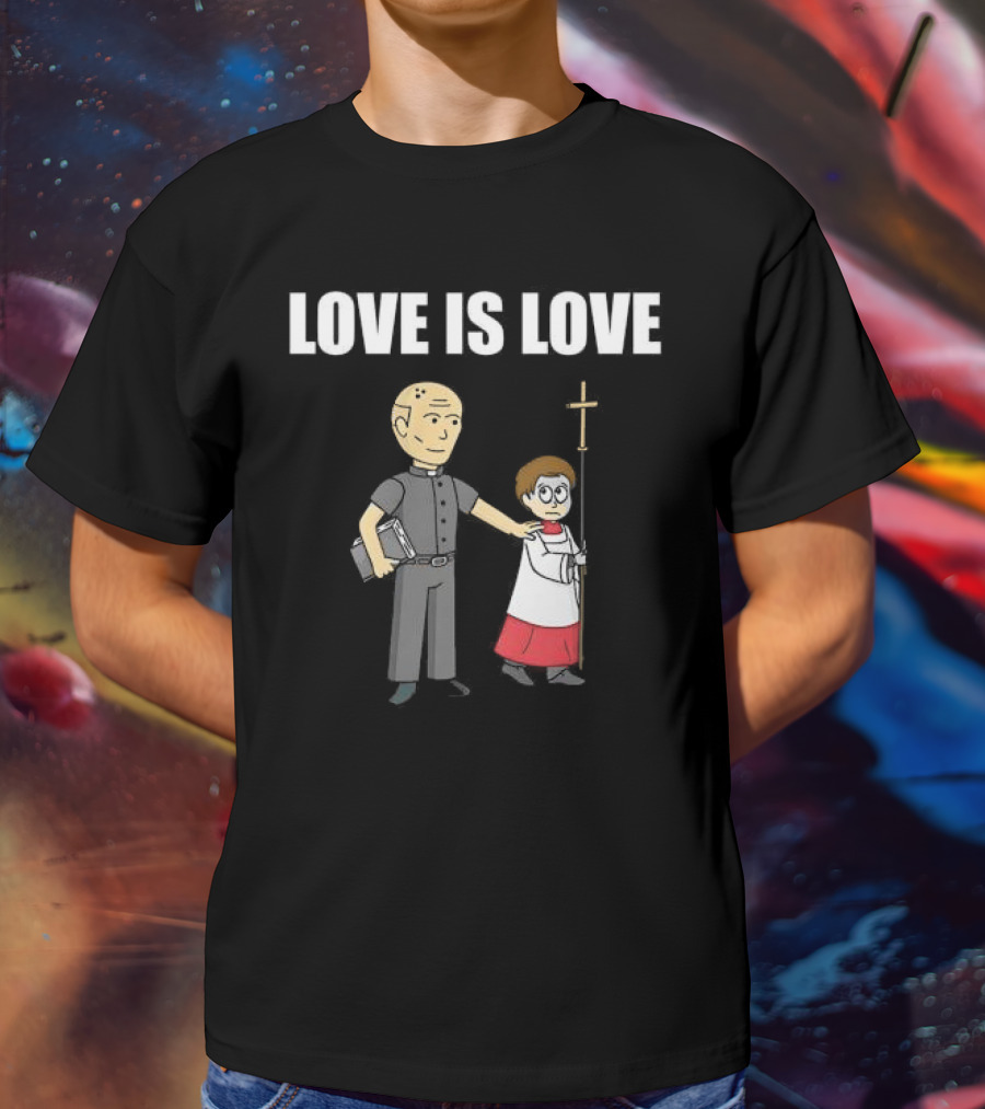 Love Is Love Priest With Cartoon Clergyman And Child Holding Cross T-Shirt