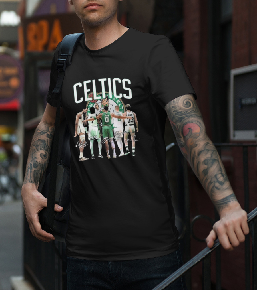 Celtics Jaylen Brown Jayson Tatum K. Porziņģis Larry Bird Signatures NBA Basketball Legends T-Shirt