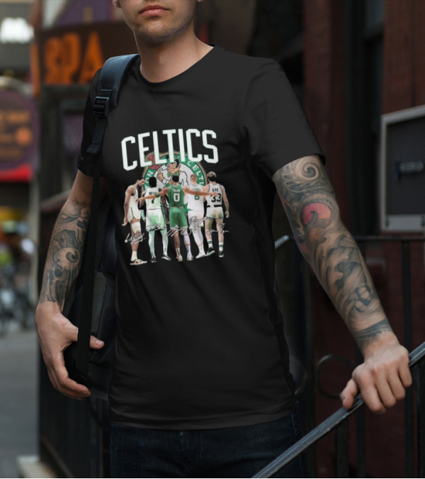 Celtics Jaylen Brown Jayson Tatum K. Porziņģis Larry Bird Signatures NBA Basketball Legends T-Shirt