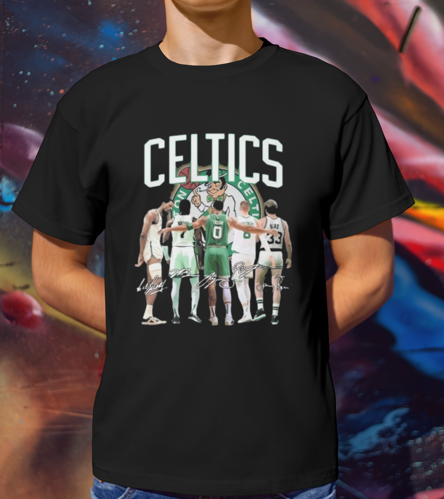 Celtics Jaylen Brown Jayson Tatum K. Porziņģis Larry Bird Signatures NBA Basketball Legends T-Shirt