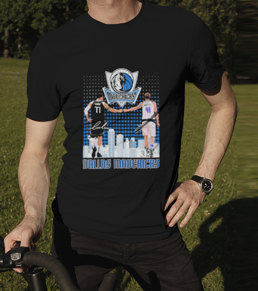 Dallas Mavericks Luka Doncic Dirk Nowitzki Handshake Signatures Skyline T-Shirt