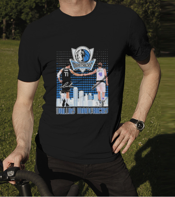 Dallas Mavericks Luka Doncic Dirk Nowitzki Handshake Signatures Skyline T-Shirt