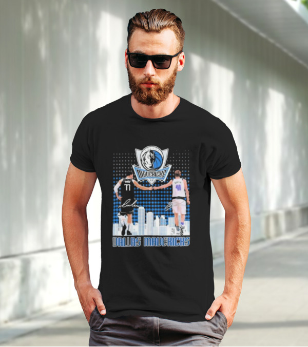 Dallas Mavericks Luka Doncic Dirk Nowitzki Handshake Signatures Skyline T-Shirt