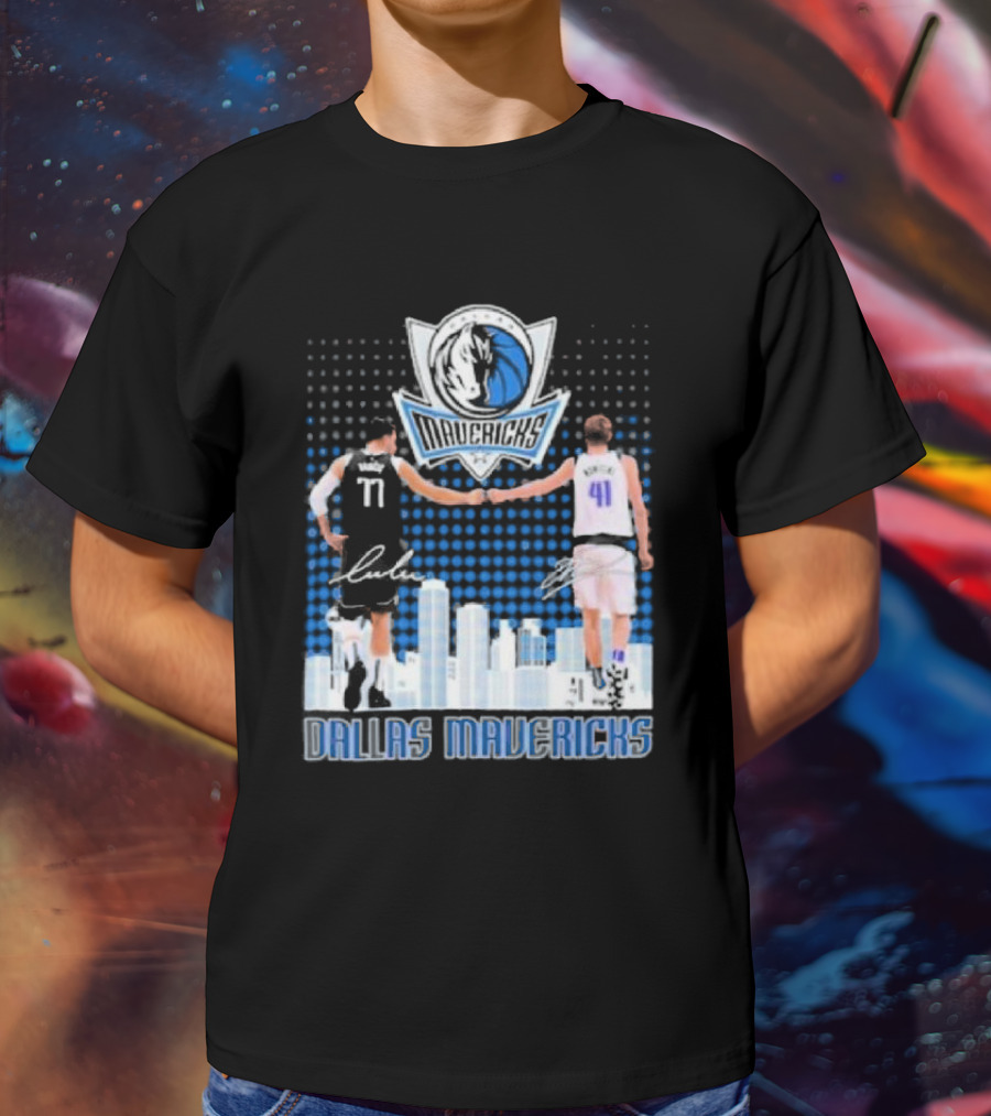 Dallas Mavericks Luka Doncic Dirk Nowitzki Handshake Signatures Skyline T-Shirt