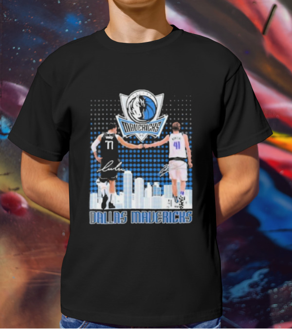 Dallas Mavericks Luka Doncic Dirk Nowitzki Handshake Signatures Skyline T-Shirt