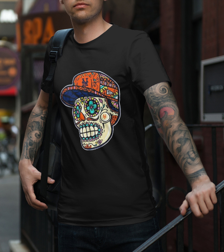 New York Mets New Era Black Sugar Skull Cap T-Shirt