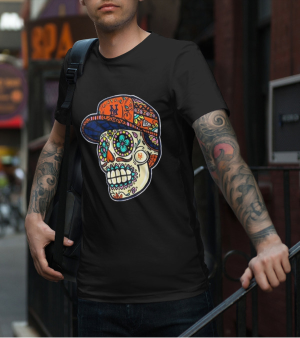New York Mets New Era Black Sugar Skull Cap T-Shirt