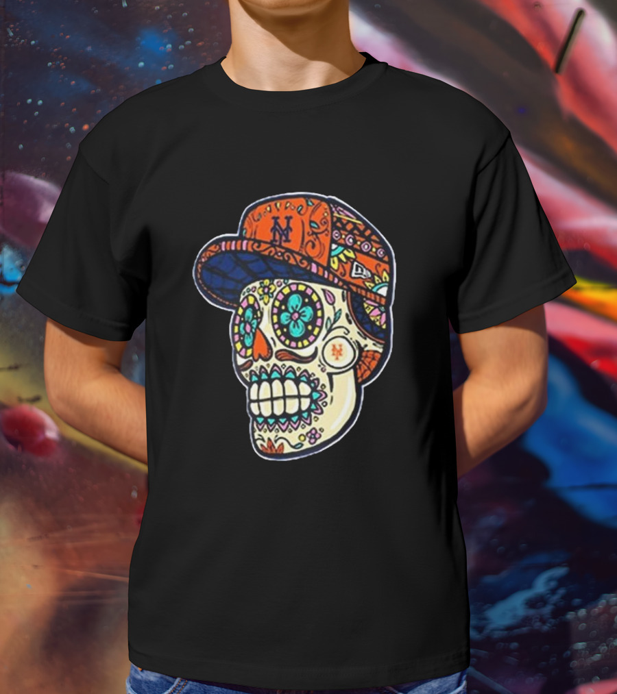 New York Mets New Era Black Sugar Skull Cap T-Shirt
