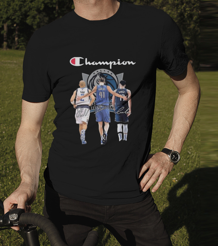 Champion Dallas Mavericks Jason Kidd Dirk Nowitzki Luka Dončić Signatures T-Shirt