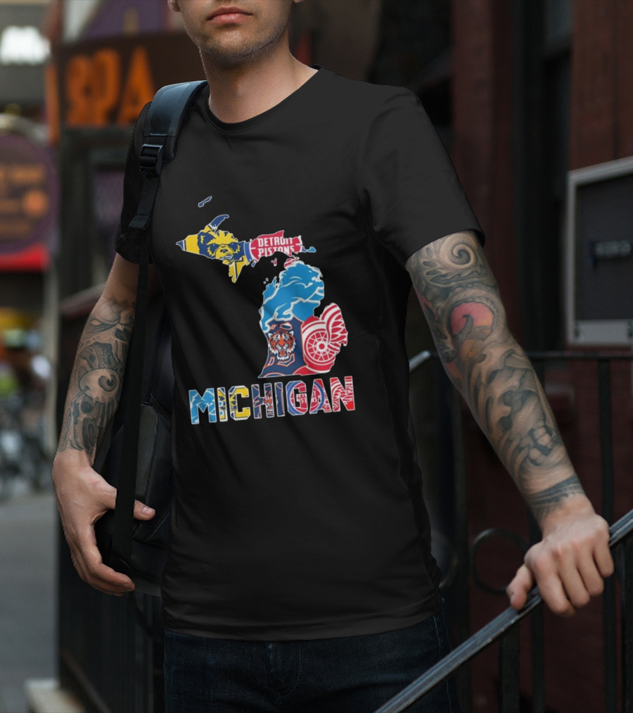 Michigan Lions Wolverines Tigers Pistons Red Wings Map T-Shirt