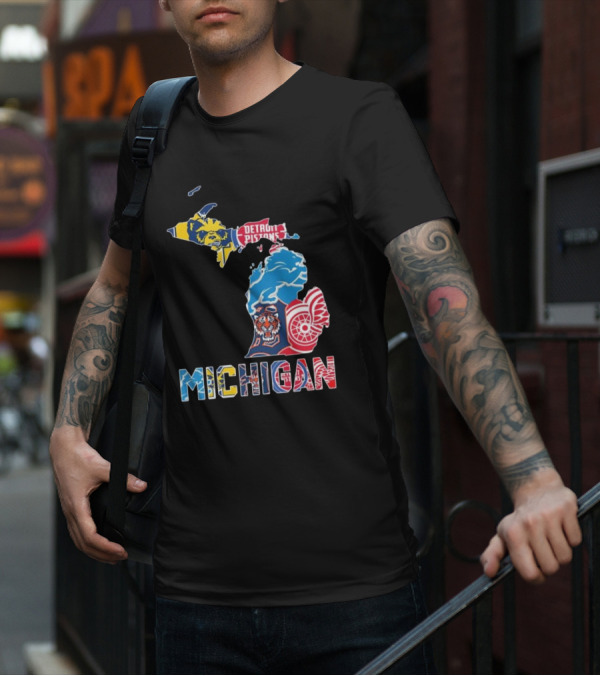 Michigan Lions Wolverines Tigers Pistons Red Wings Map T-Shirt
