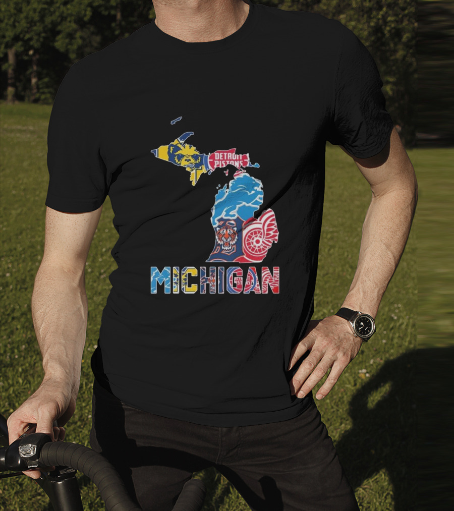 Michigan Lions Wolverines Tigers Pistons Red Wings Map T-Shirt