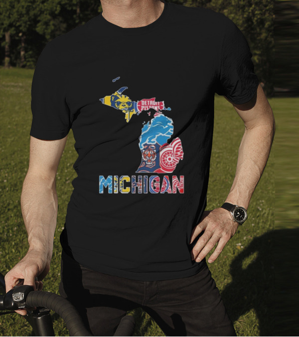 Michigan Lions Wolverines Tigers Pistons Red Wings Map T-Shirt