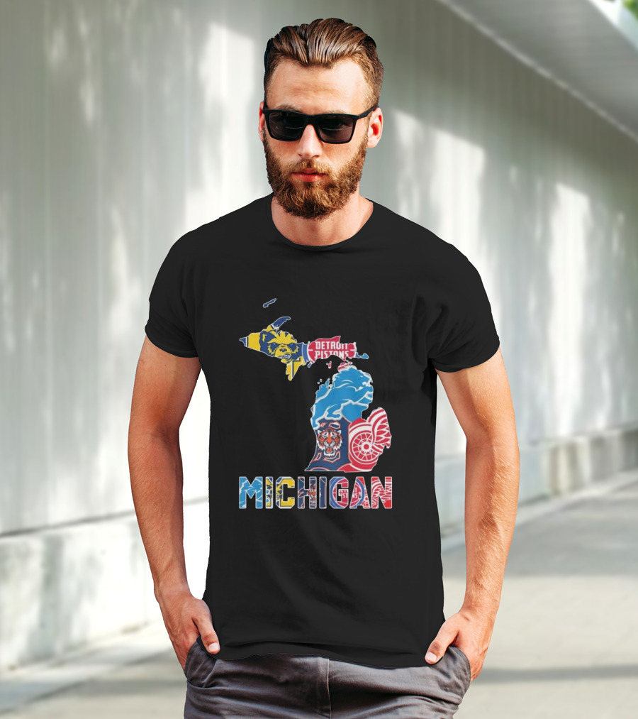 Michigan Lions Wolverines Tigers Pistons Red Wings Map T-Shirt