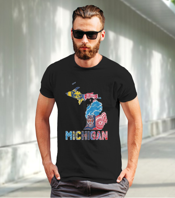 Michigan Lions Wolverines Tigers Pistons Red Wings Map T-Shirt