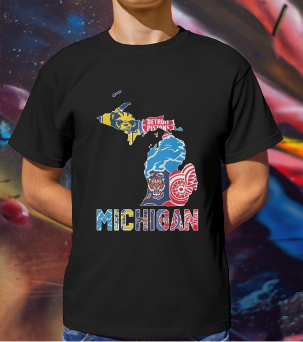Michigan Lions Wolverines Tigers Pistons Red Wings Map T-Shirt