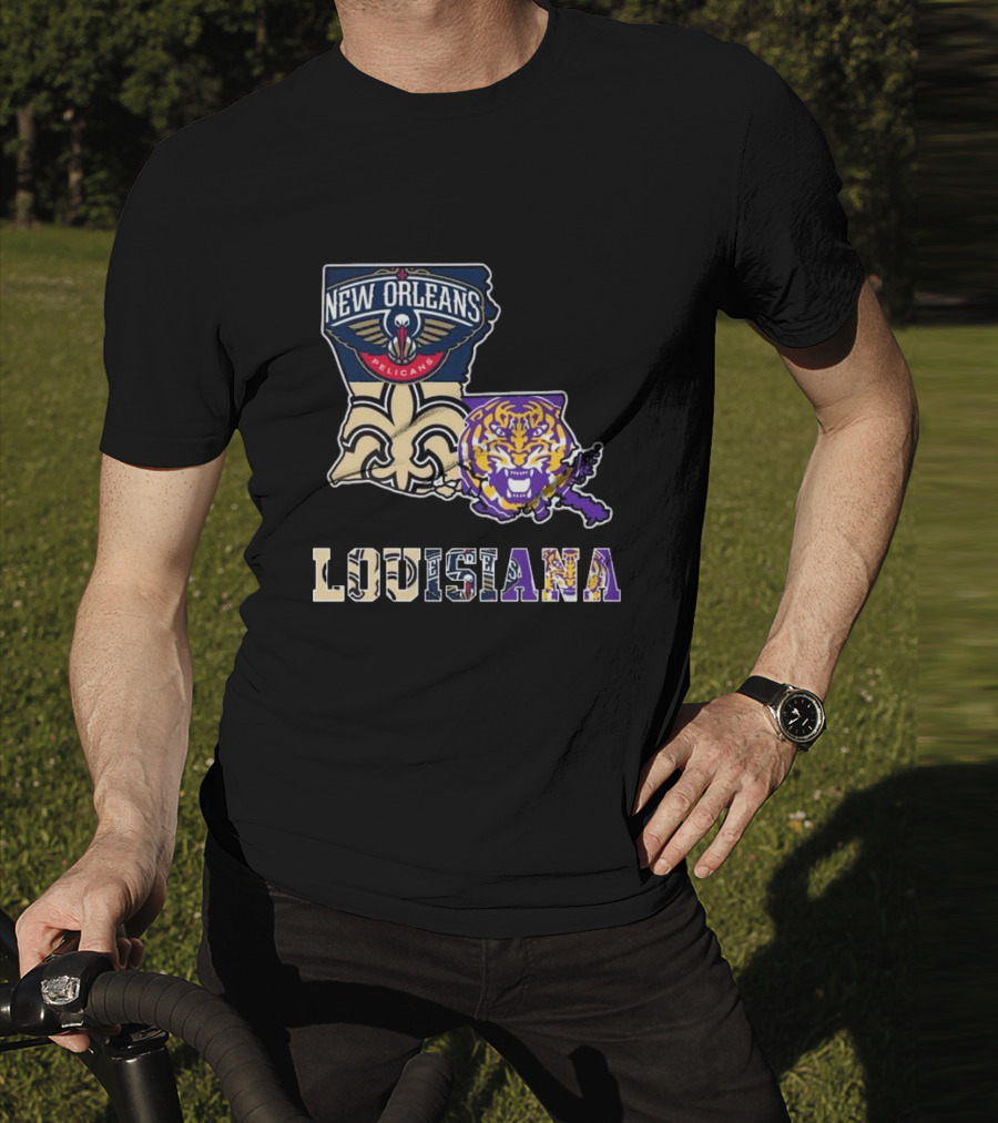 New Orleans Pelicans Tigers Saints Louisiana Map T-Shirt