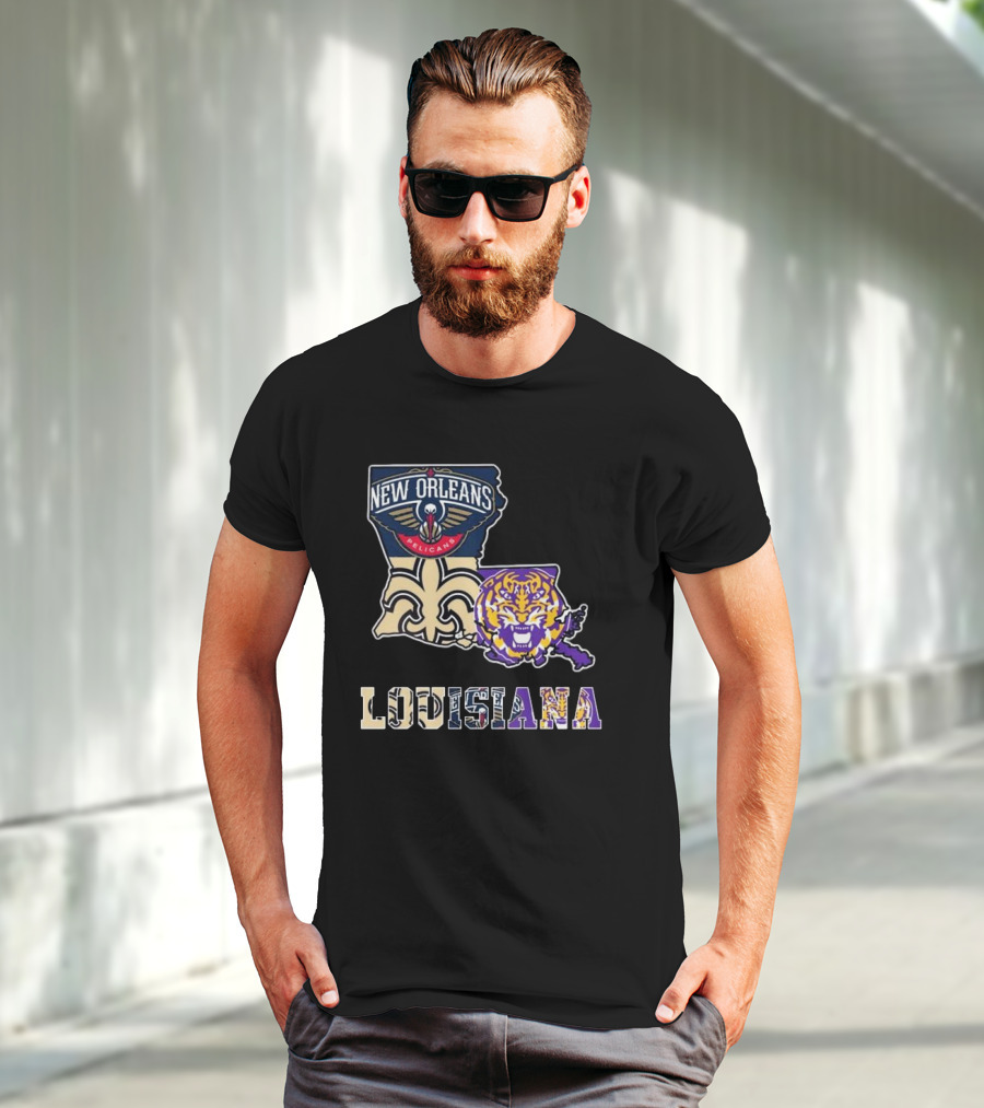 New Orleans Pelicans Tigers Saints Louisiana Map T-Shirt