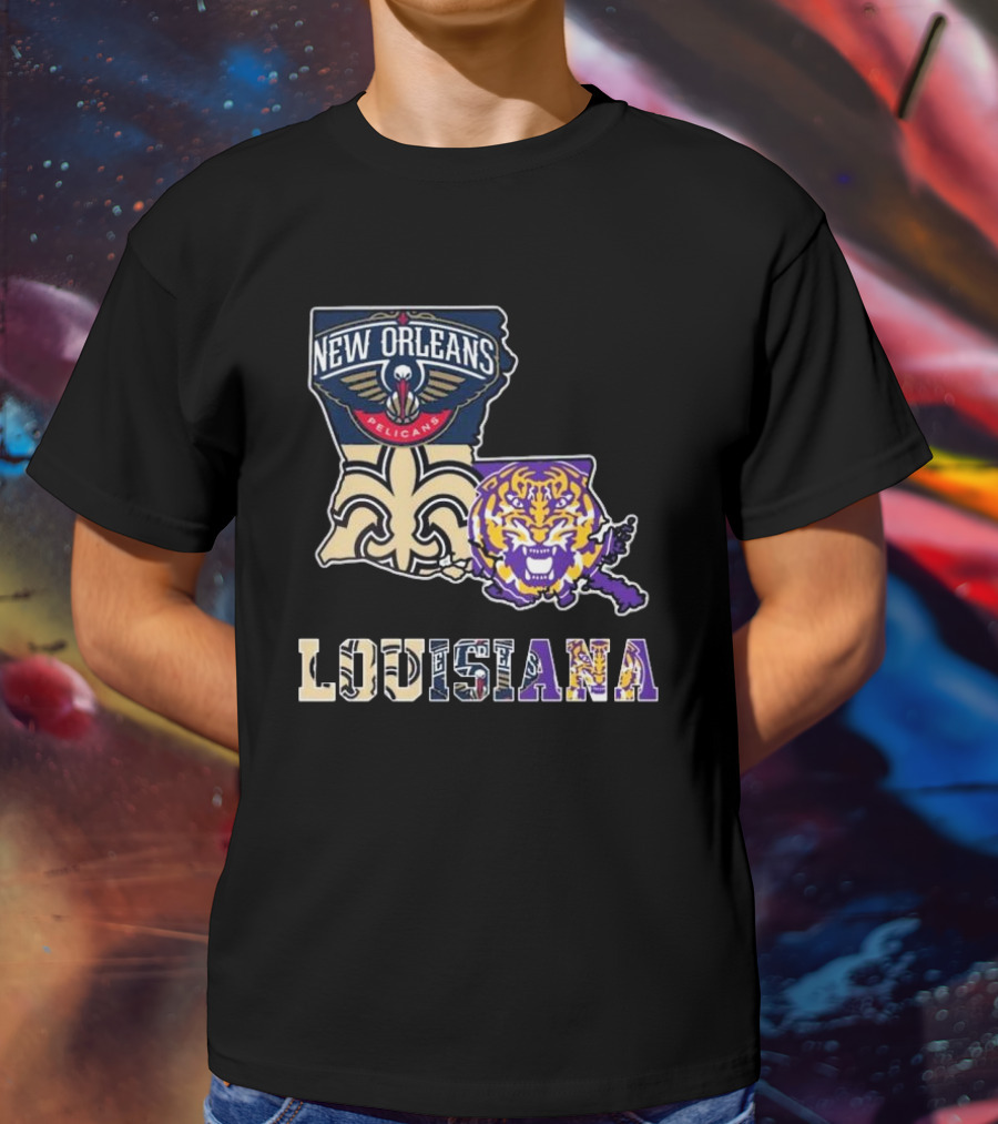 New Orleans Pelicans Tigers Saints Louisiana Map T-Shirt