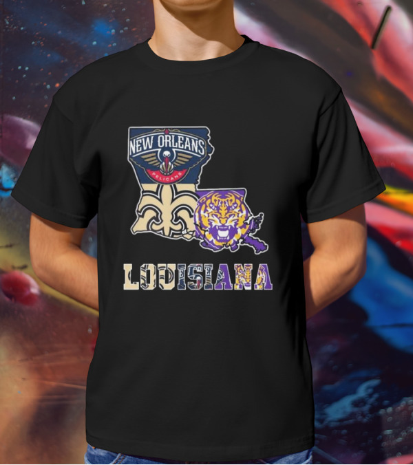New Orleans Pelicans Tigers Saints Louisiana Map T-Shirt
