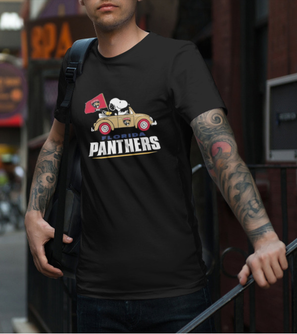 Florida Panthers Snoopy Driving Car With Hockey Flag T-Shirt