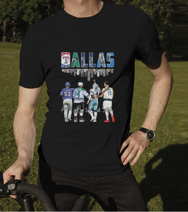 Texas Rangers Garcia Dallas Stars Benn Dallas Cowboys Prescott Dallas Mavericks Doncic Signatures Skyline T-Shirt